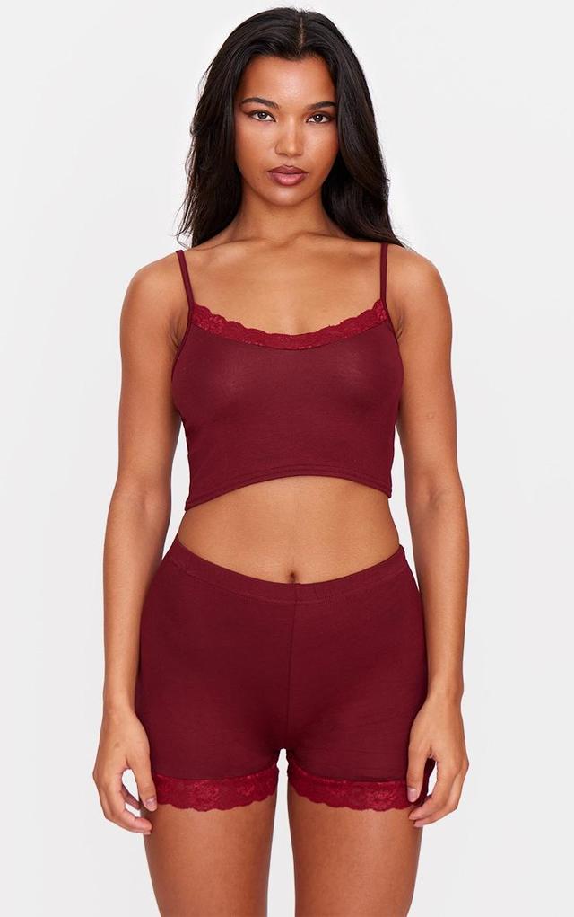 Burgundy Lace Trim Cami Short Pj Set Product Image