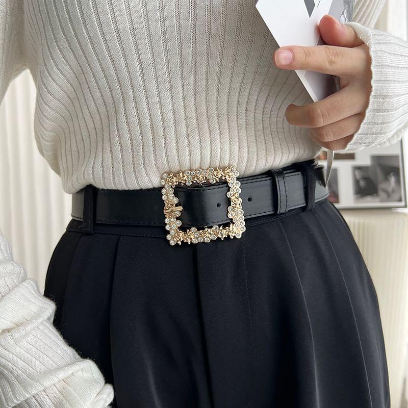 Rhinestone Buckle Faux Leather Belt Product Image