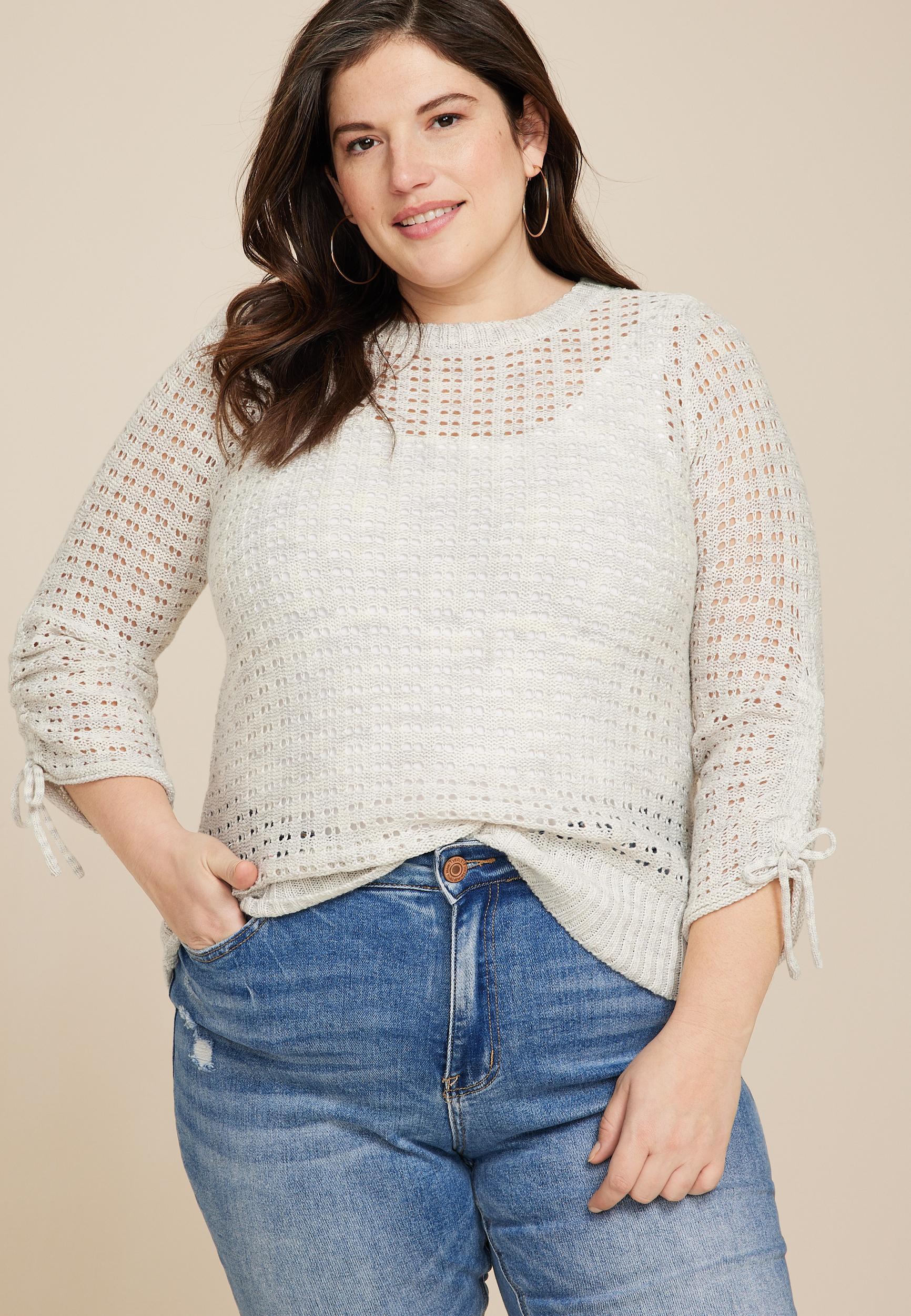 Maurices Plus Size Womens Marled Pointelle Cinched Sleeve Sweater Beige Size 4X product image