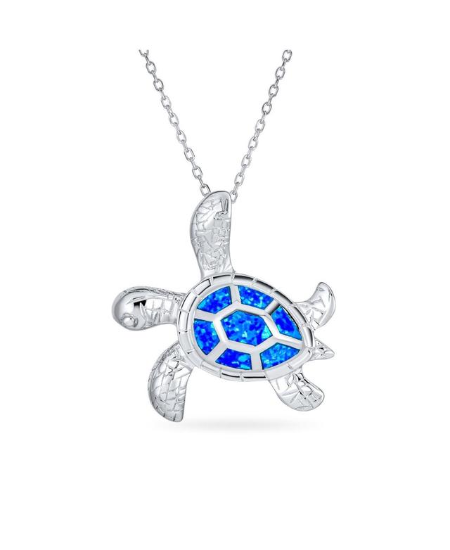 Bling Jewelry Large Nautical Tropical Blue Synthetic Opal Inlay Sea Tortoise Turtle Pendant Necklace For Women Sterling Silver Product Image