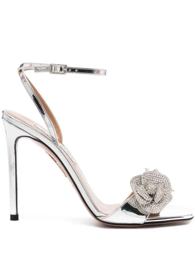 AQUAZZURA Crystal Orchid 105 Appliquéd Crystal-embellished Mirrored-leather Sandals In Metallic Product Image