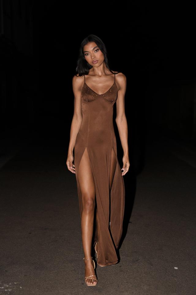 Jojo Jersey Split Maxi Dress With Diamante - Chocolate Product Image