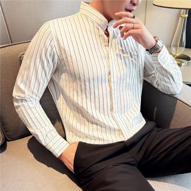 Long Sleeve Band Collar Striped Shirt Product Image