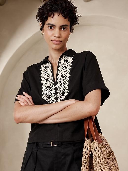 Linen-Blend Embroidered Top Product Image