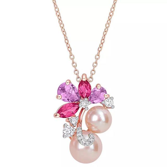 Stella Grace 18k Rose Gold Over Silver Multi-Gemstone & Pink Freshwater Cultured Pearl Cluster Pendant Necklace, Womens Pink Tone Product Image