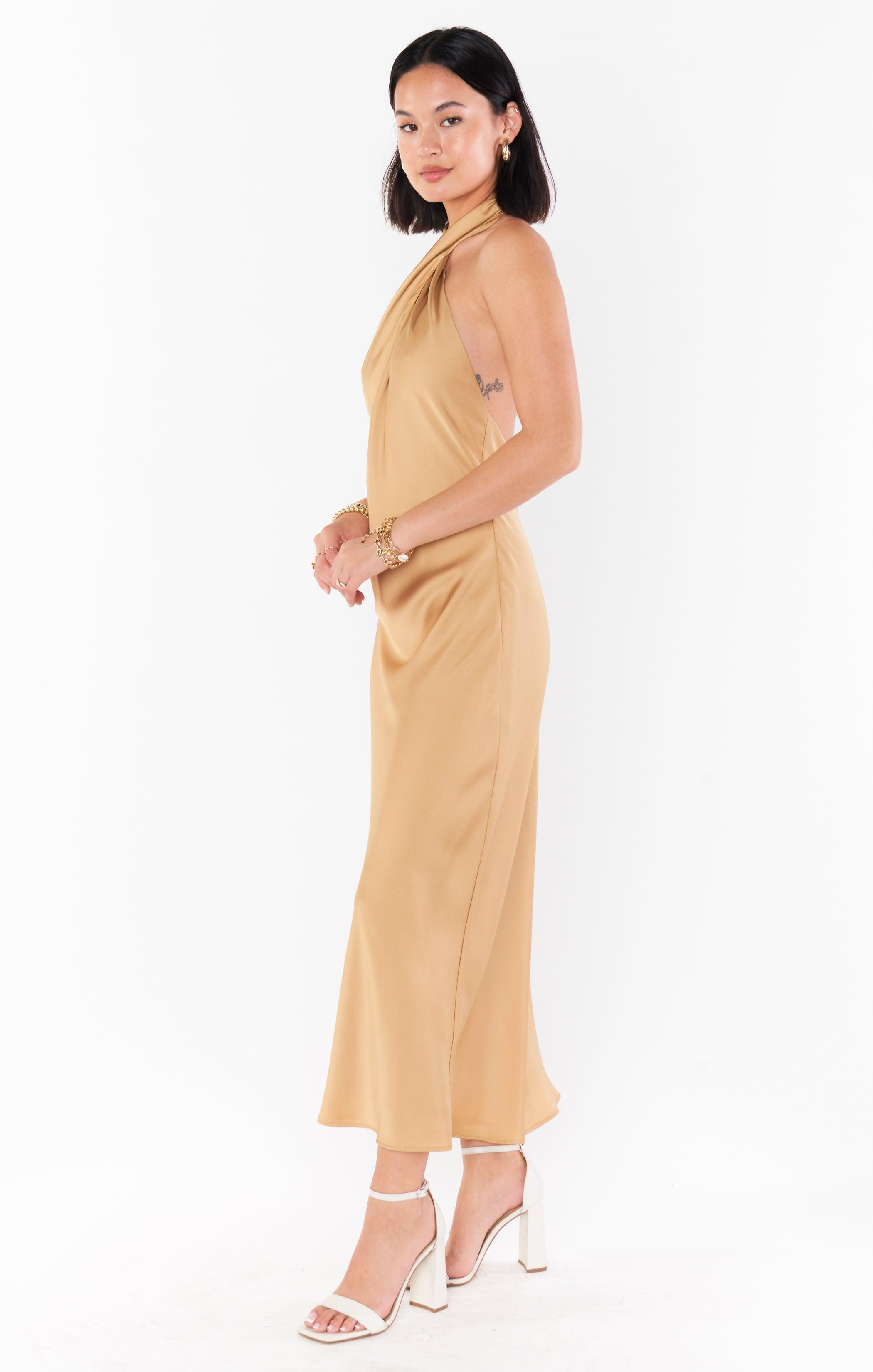 Jasmine Halter Midi Dress ~ True Gold Luxe Satin Product Image