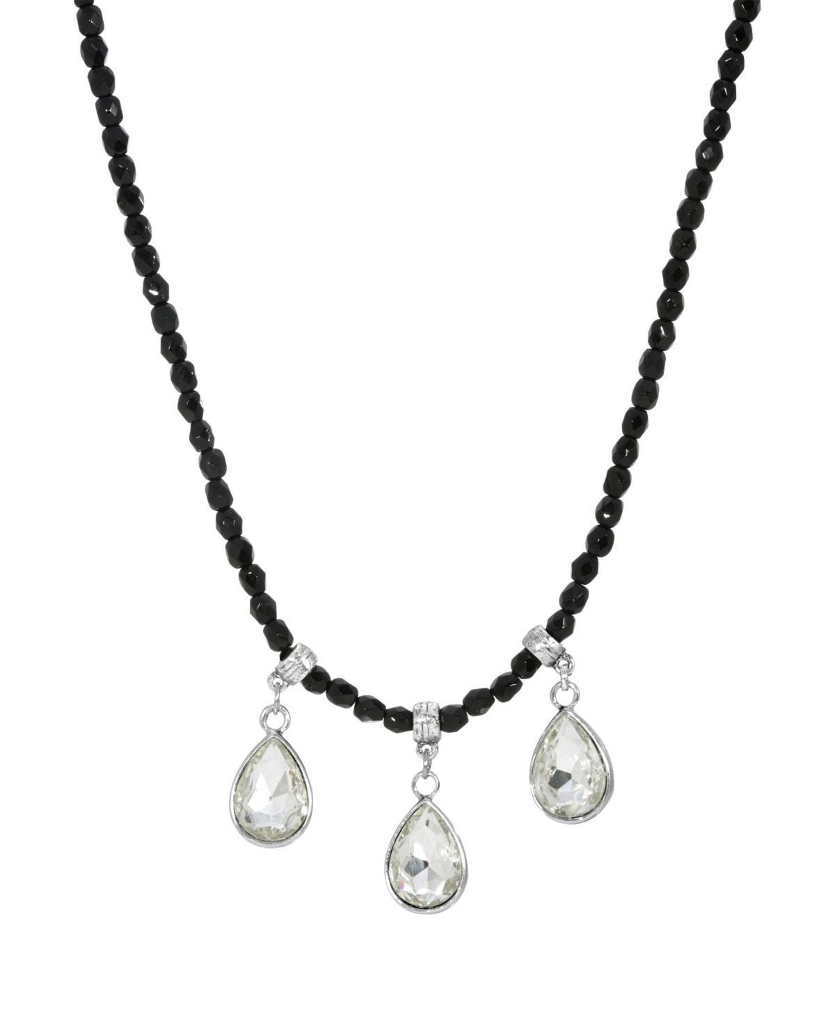 1928 Silver Tone Black Bead Crystal Trio Teardrop Necklace, Womens Product Image