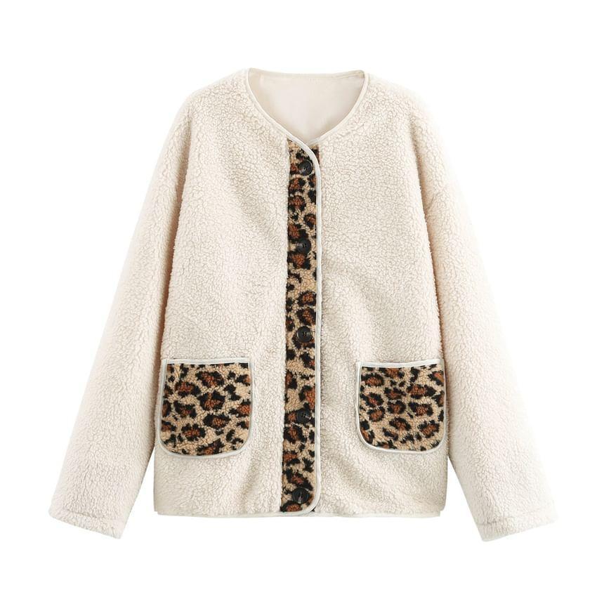 Crewneck Leopard Panel Zip-Up Jacket Product Image