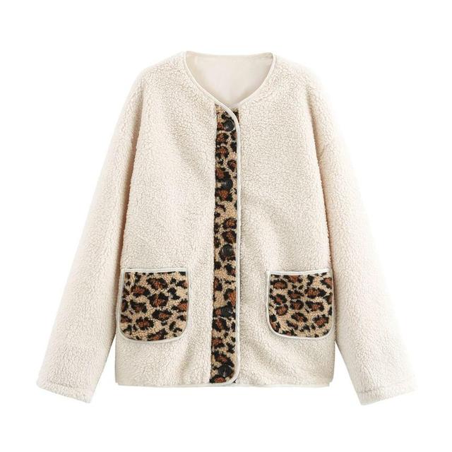 Crewneck Leopard Panel Zip-Up Jacket Product Image