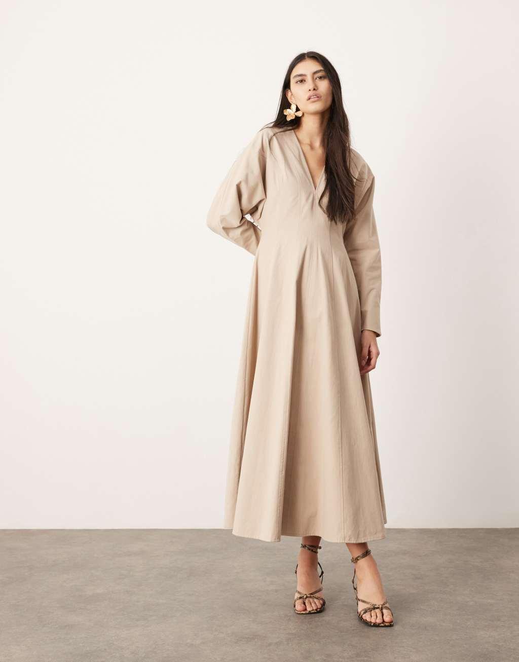 ASOS EDITION v neck long sleeve midaxi dress in stone Product Image