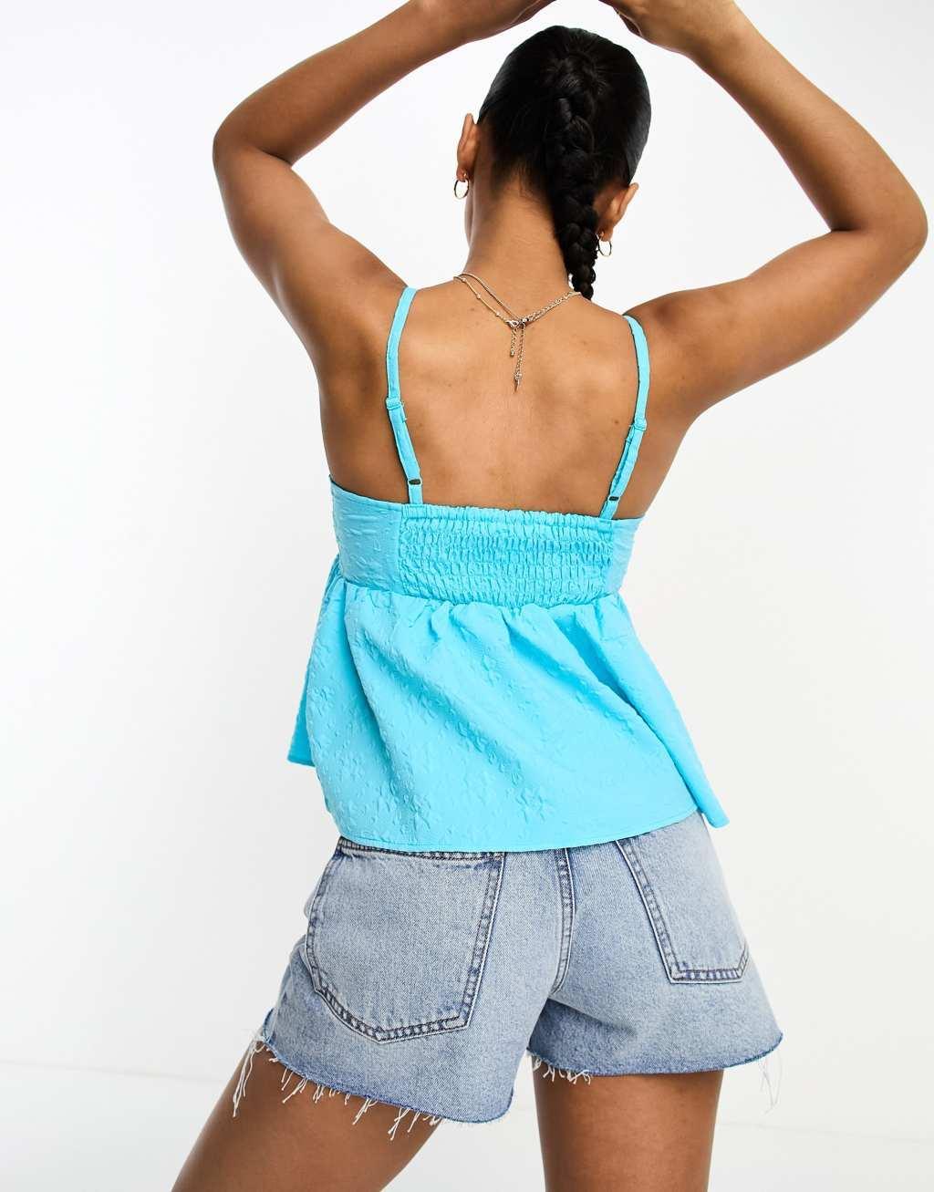 Monki strappy square neck smock sun top in light blue Product Image