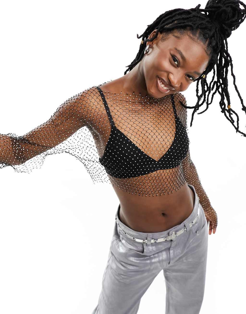 Noisy May diamante fishnet top in black Product Image