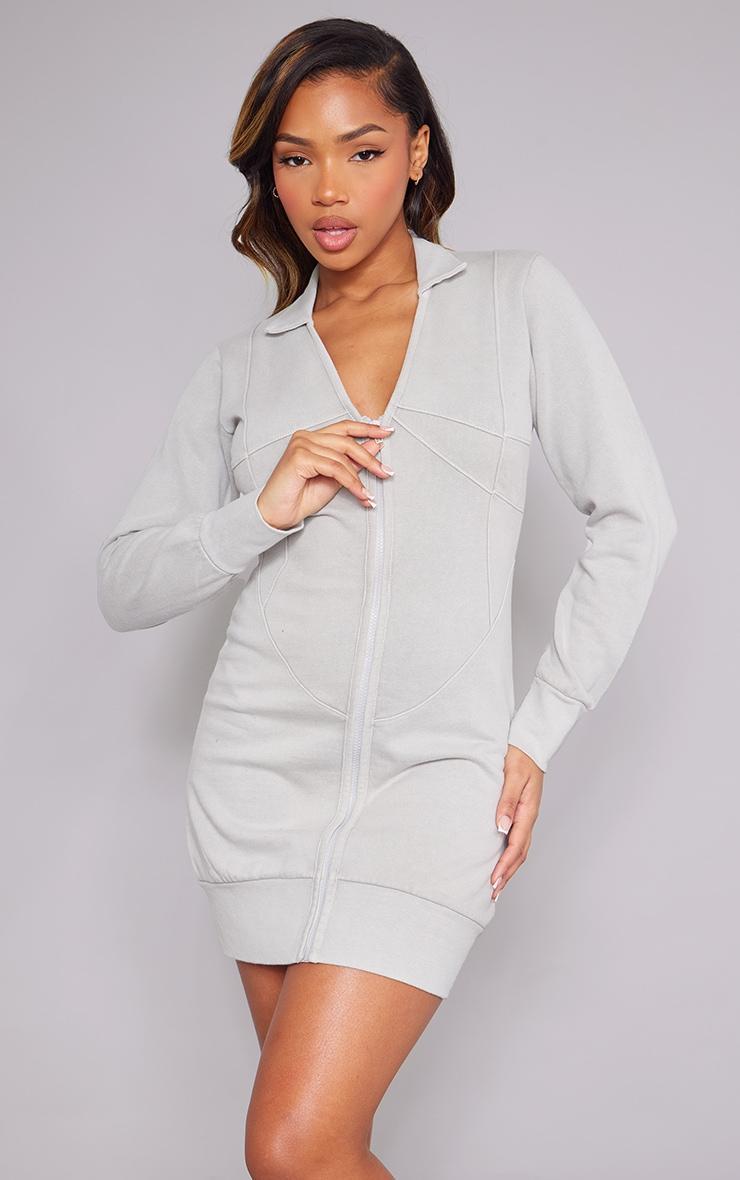 Oatmeal Exposed Seam Zip Up Sweat Bodycon Dress Product Image