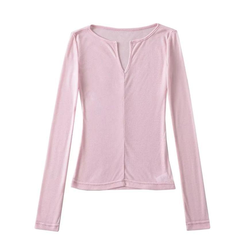 Long Sleeve Notch Neck Plain T-Shirt Product Image