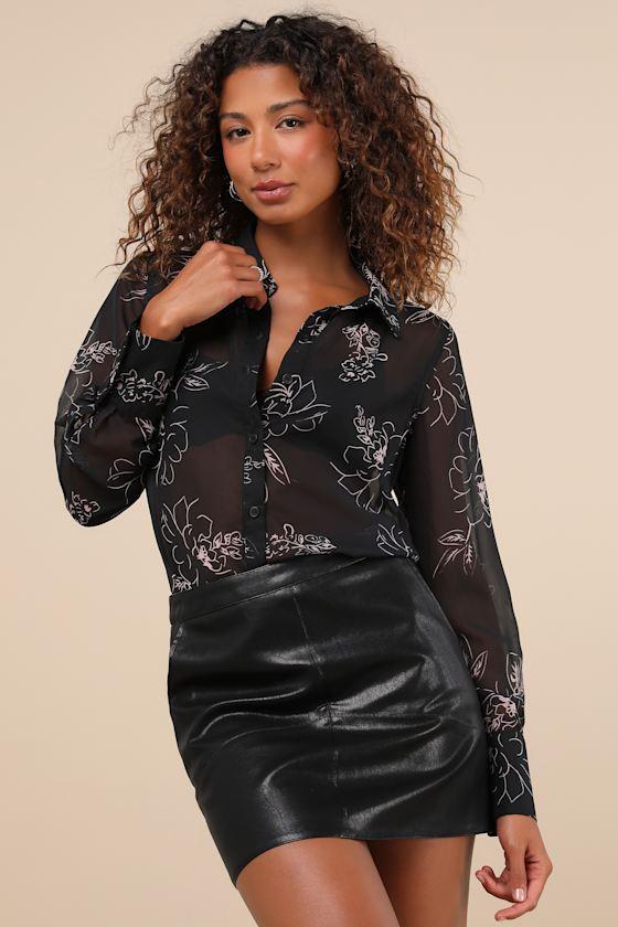 Essential Charmer Black and Pink Floral Sheer Button-Up Top Product Image