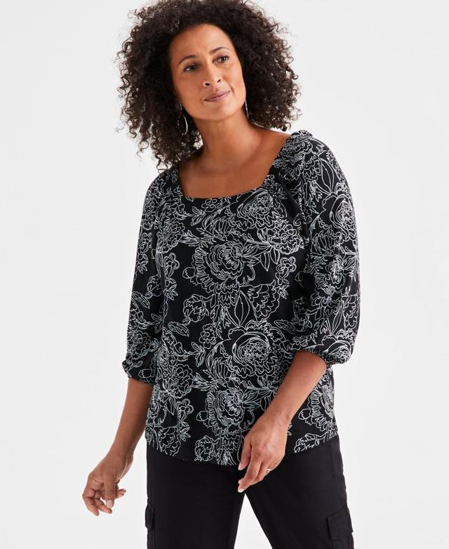 Style & Co Womens Printed Square-Neck 3/4-Sleeve Top, Created for Macys Product Image