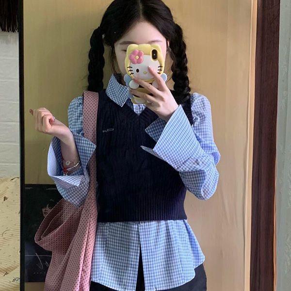 Long-Sleeve Gingham Shirt / V-Neck Plain Cable Knit Crop Sweater Vest / Set Product Image