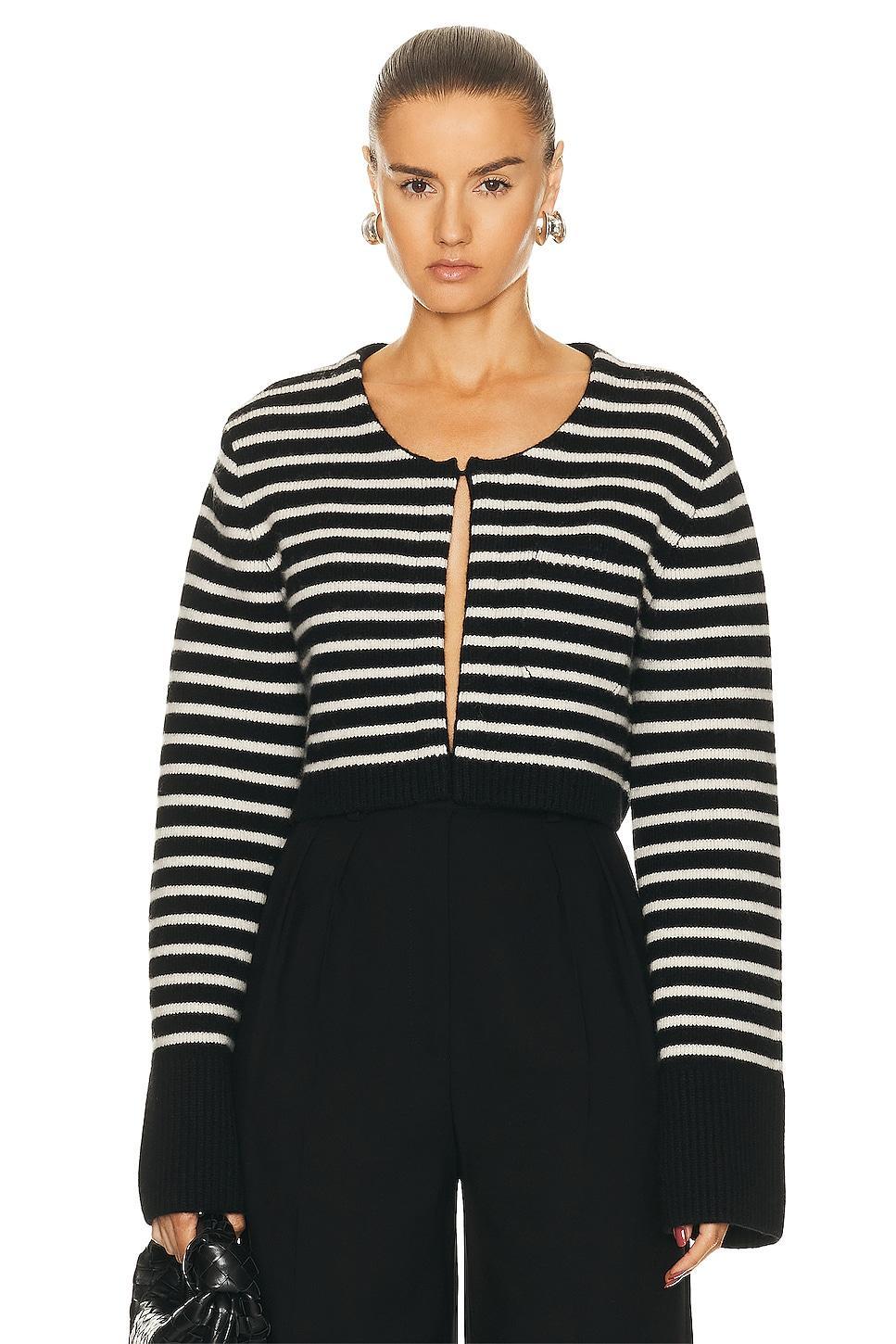 KHAITE Calix Cardigan in Black & Magnolia Stripe - Black. Size L (also in ). Product Image