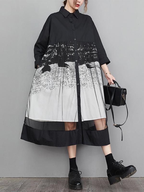 A-Line Long Sleeves Buttoned Gauze Printed Split-Joint Lapel Midi Dresses Product Image