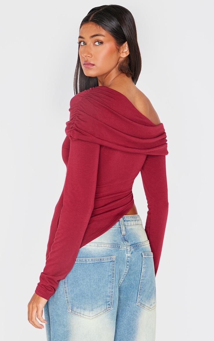 Burgundy Contour Jersey Fold Over Detail Bardot Long Sleeve Top Product Image