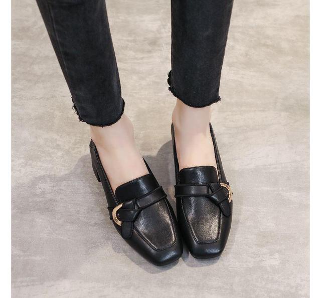 Genuine Leather Chunky Heel Buckled Loafers Product Image