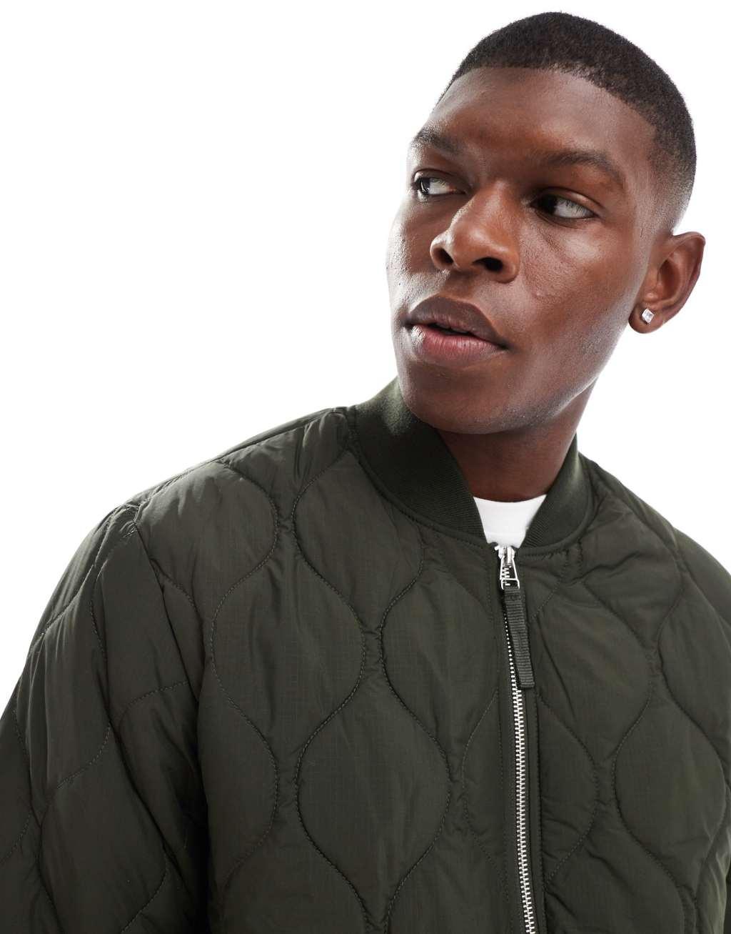 Jack & Jones quilted bomber jacket in khaki Product Image