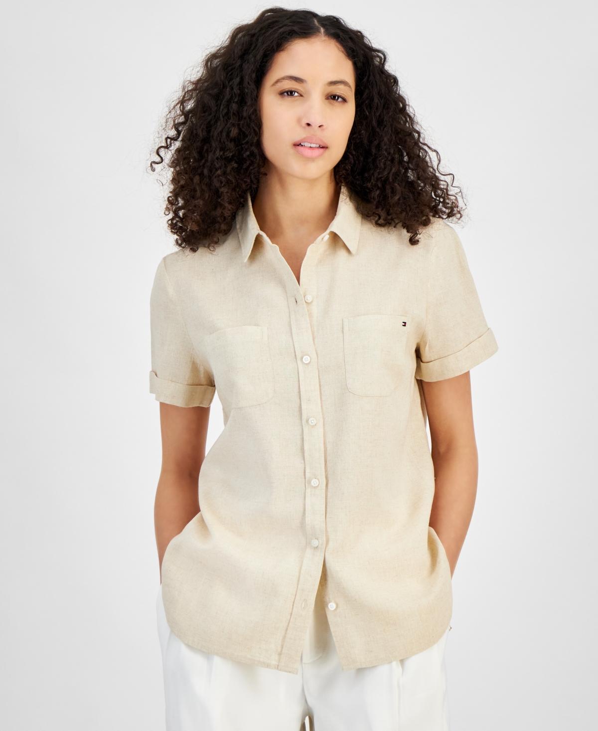 Women's Linen-Blend Short-Sleeve Button-Front Shirt Product Image