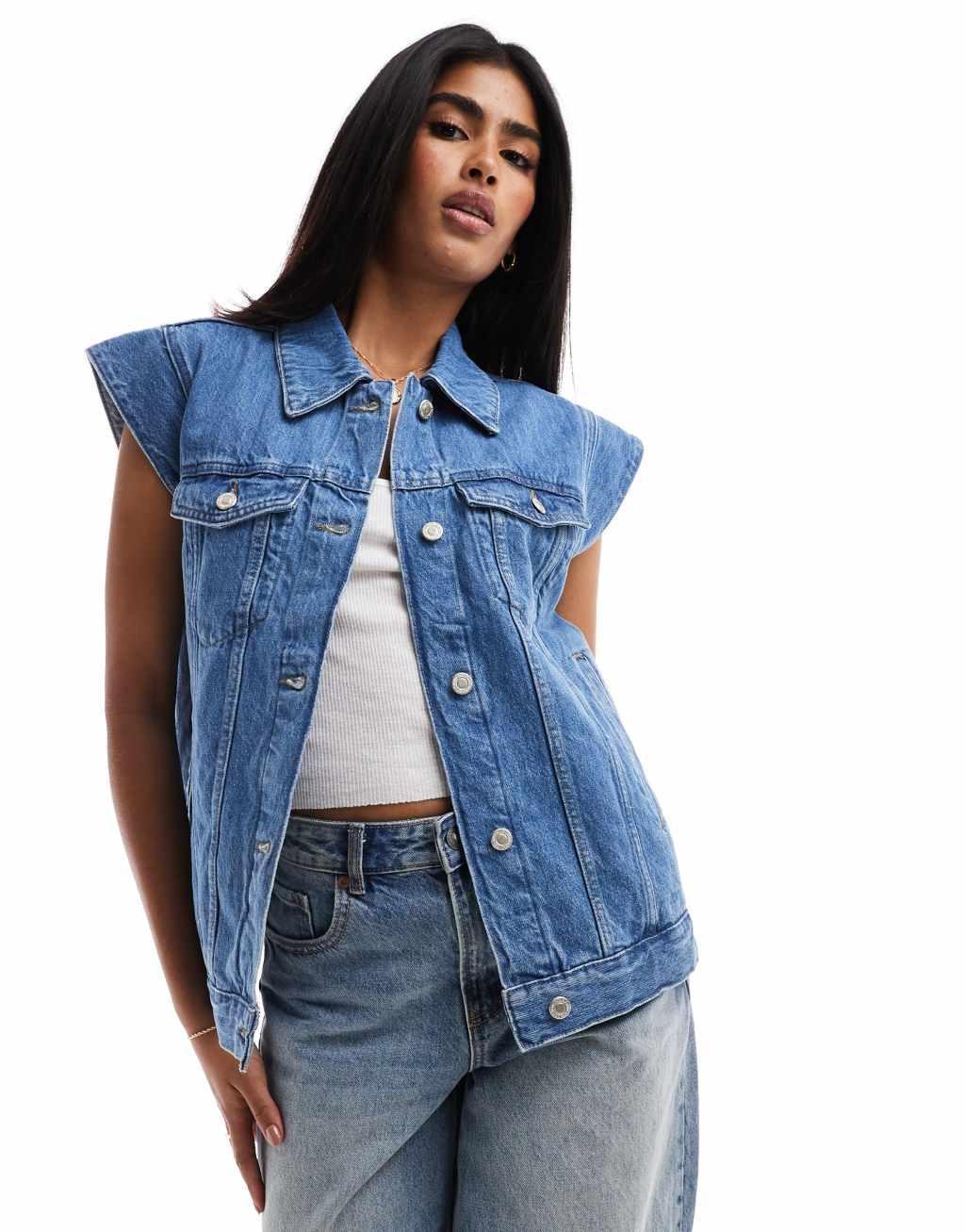 ONLY denim vest in mid blue   Product Image