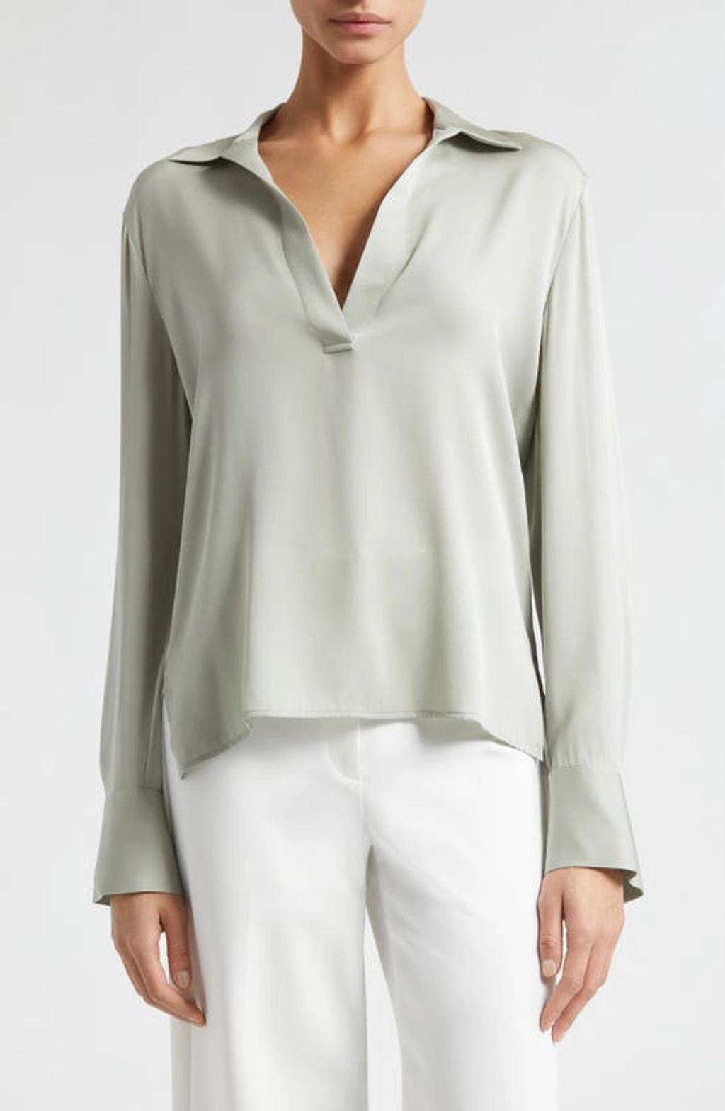 Long-Sleeve Silk Pullover Polo Top Product Image