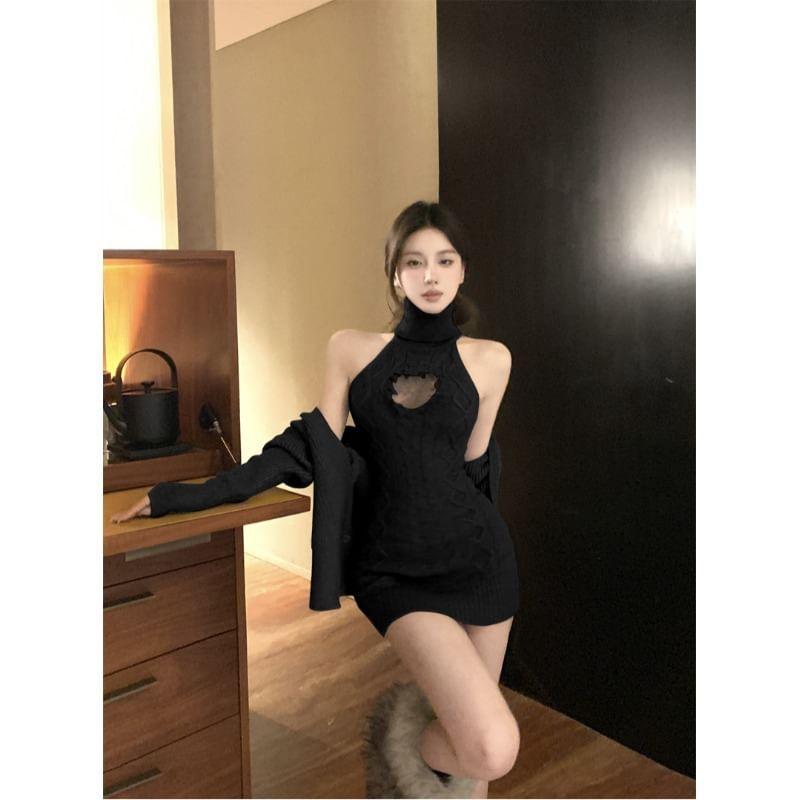 Sleeveless Turtleneck Plain Cable Knit Mini Sheath Dress / Plain Cardigan Product Image