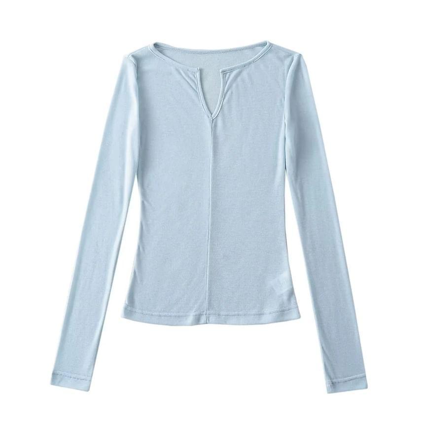 Long Sleeve Notch Neck Plain T-Shirt Product Image