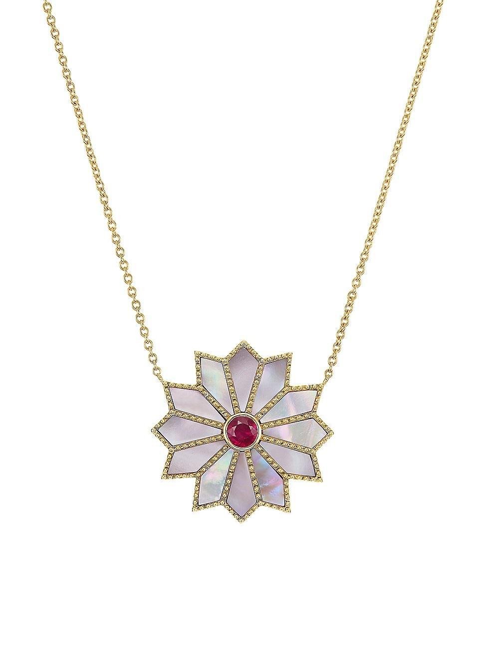 Womens Sacred Flower 18K Yellow Gold, Mother-Of-Pearl & Ruby Pendant Necklace Product Image