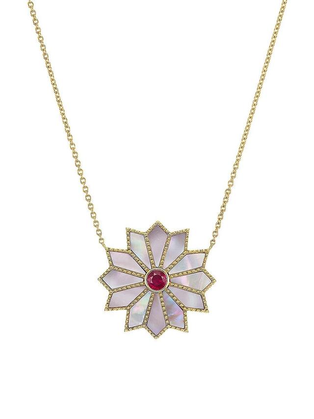 Womens Sacred Flower 18K Yellow Gold, Mother-Of-Pearl & Ruby Pendant Necklace Product Image
