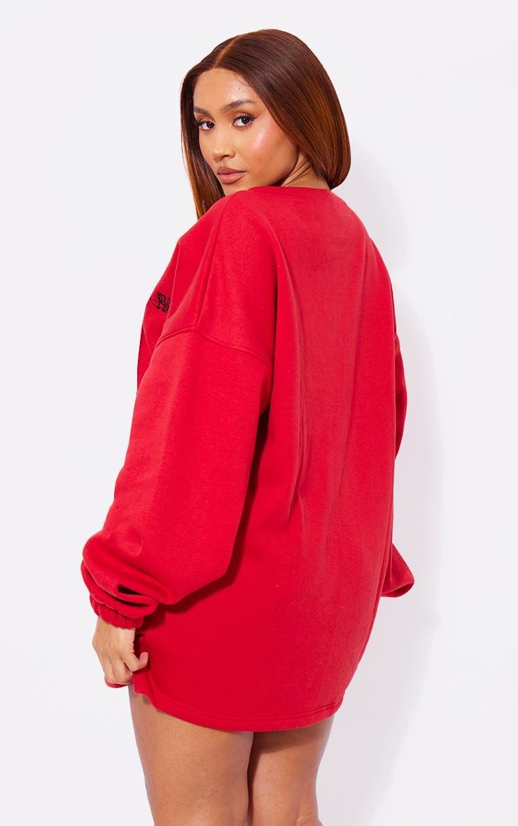 PRETTYLITTLETHING Shape Cherry Red Embroidered Plunge Sweatshirt Dress Product Image