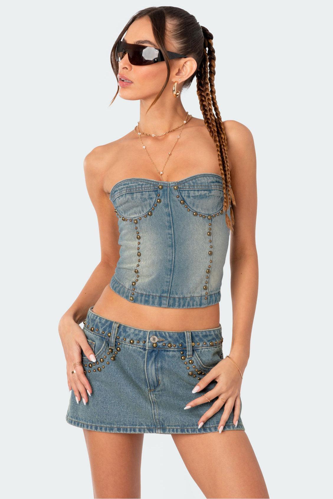 Studded Washed Denim Lace Up Corset Product Image