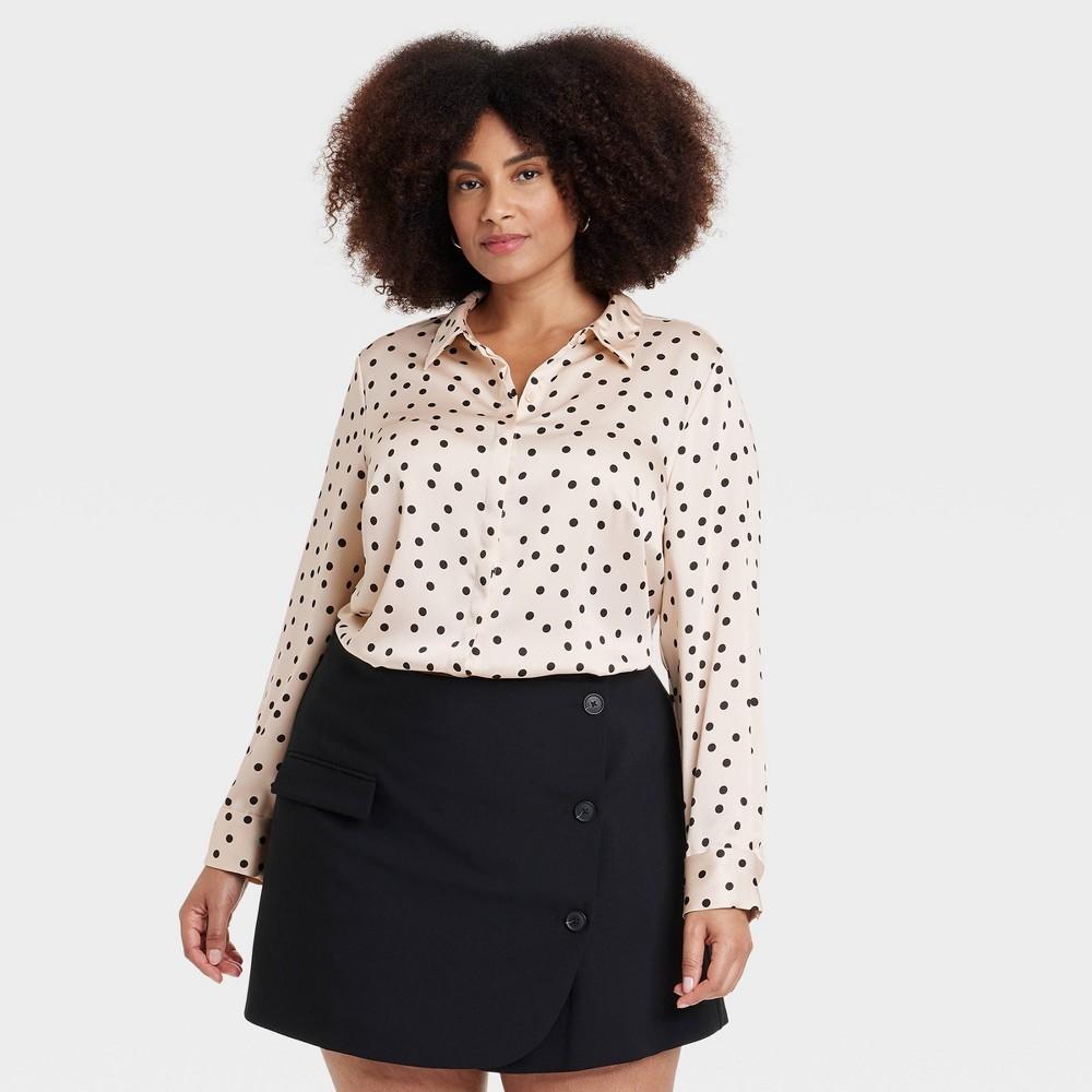 Womens Long Sleeve Button-Down Satin Shirt - A New Day Cream/Black Polka Dots 2X Product Image