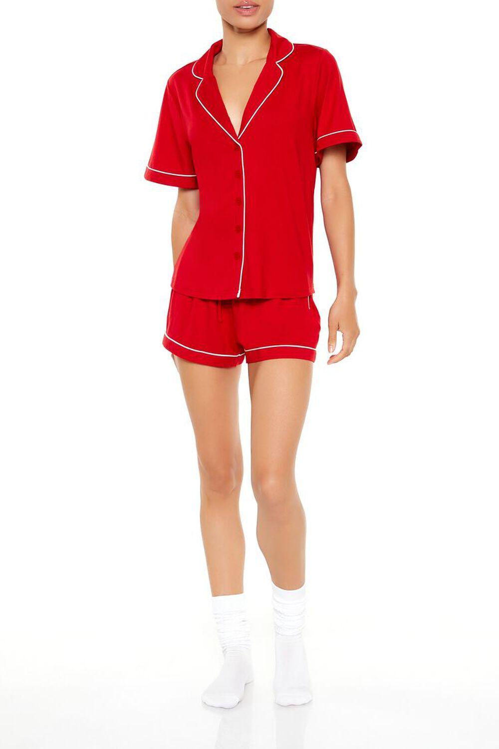 Piped-Trim Shirt & Shorts Pajama Set | Forever 21 Product Image