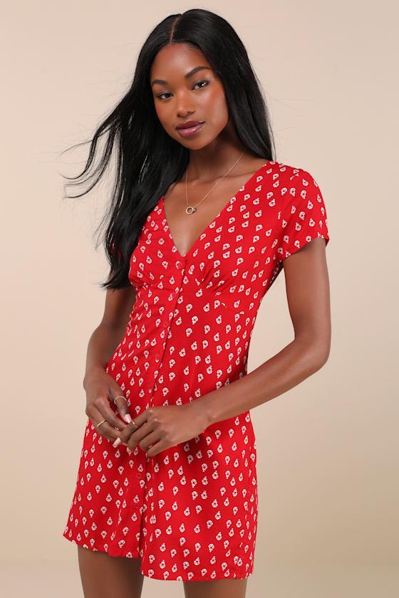 Omoni Red Anchor Print Button-Front Short Sleeve Mini Dress Product Image