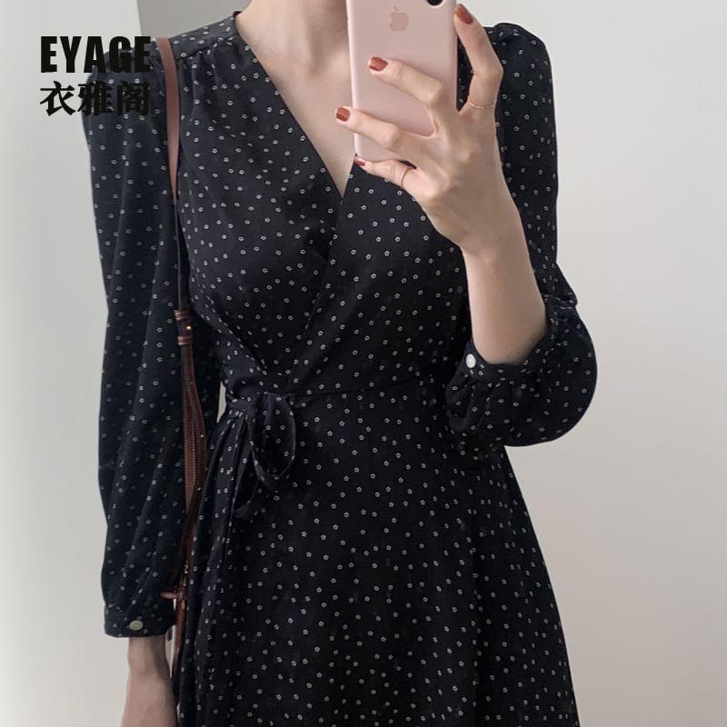 Puff-Sleeve V-neck Dotted Midi A-Line Dress product image