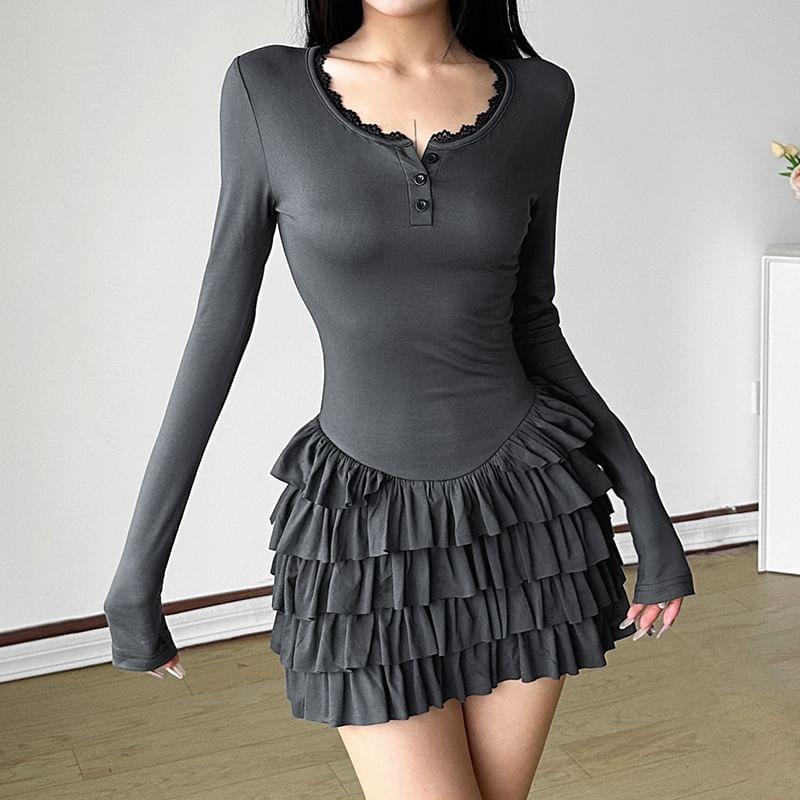 Long-Sleeve V-Neck Plain Mini Tiered Dress Product Image