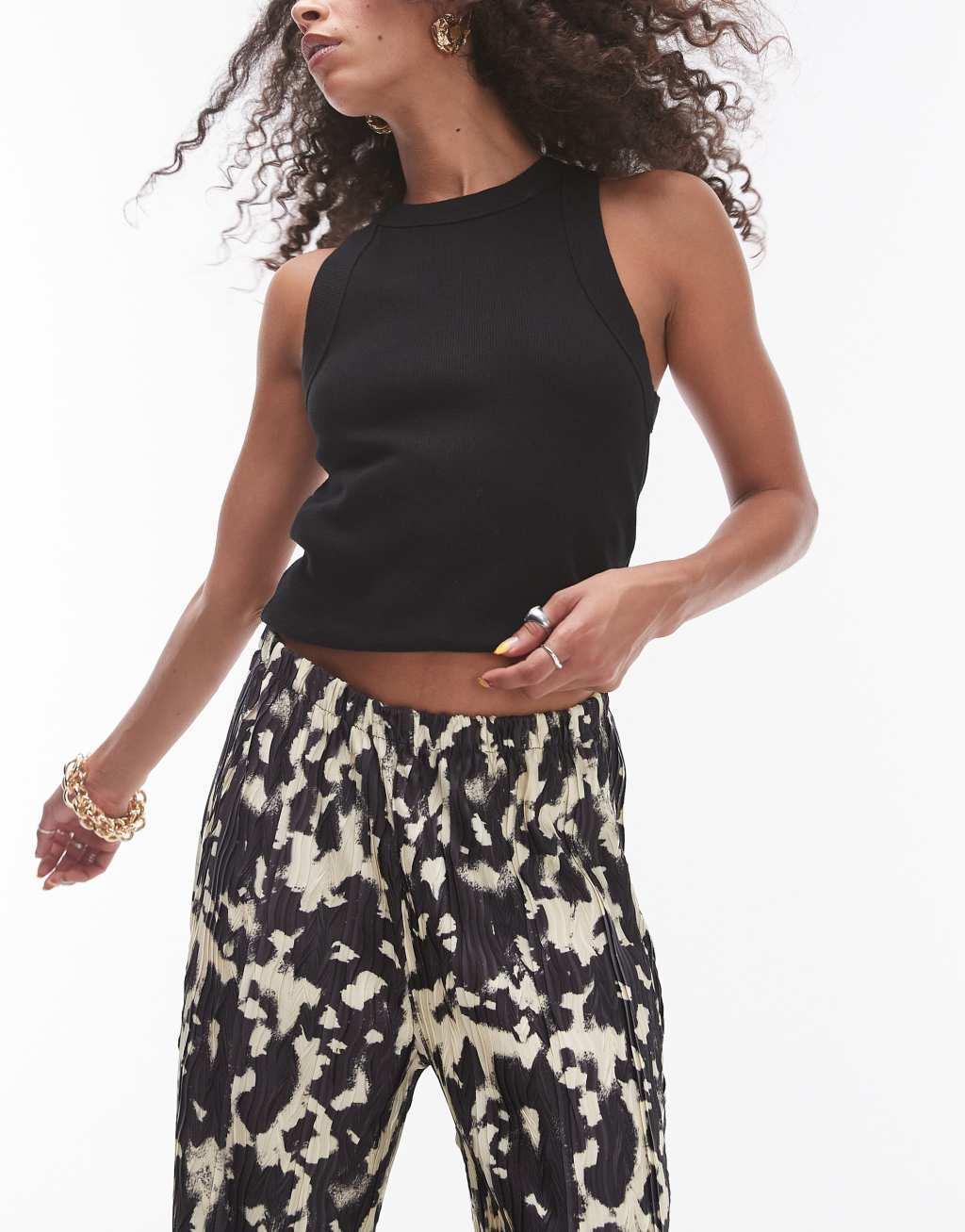 Topshop plisse wide leg pants in blurred animal print Product Image