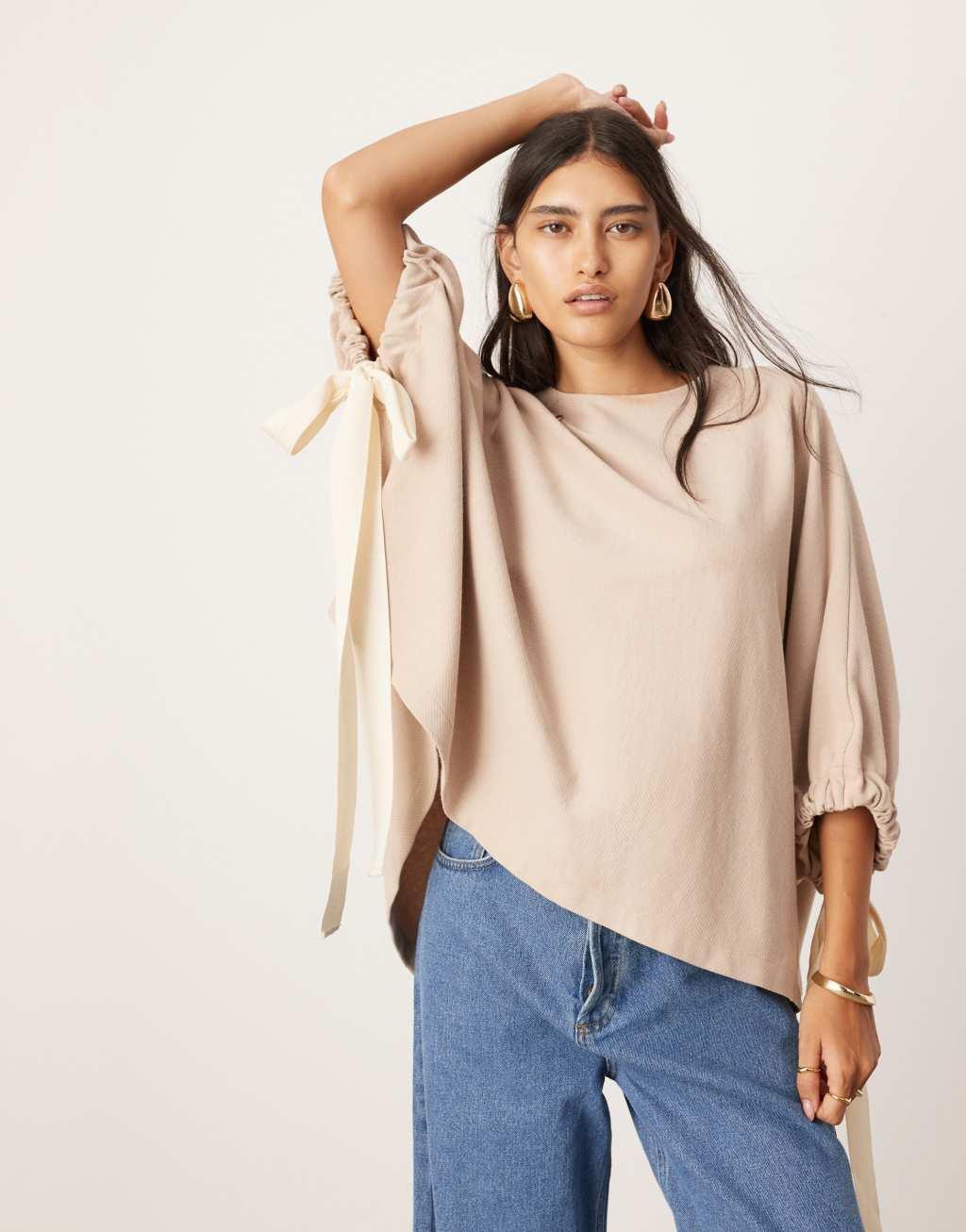 ASOS EDITION jersey oversized slouchy top with contrast tie detail in mocha Product Image