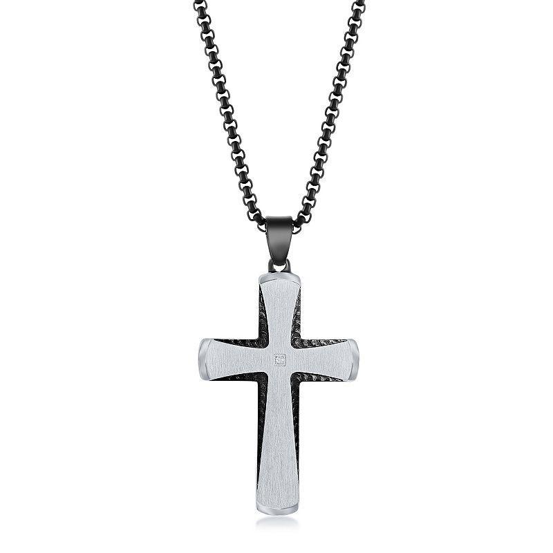 Metallo Stainless Steel Silver & Blue Plated Cross Necklace, Mens Black Product Image