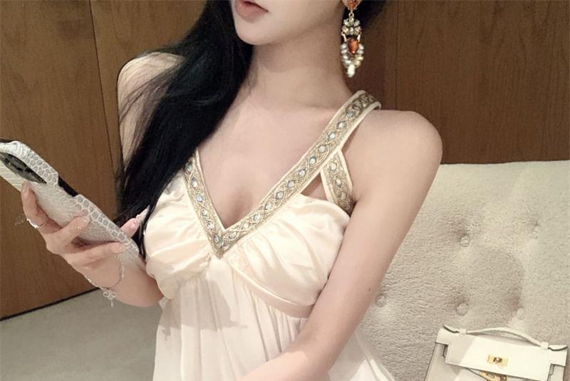 Sleeveless V-Neck Plain Cutout Slit Rhinestone Maxi A-Line Dress Product Image