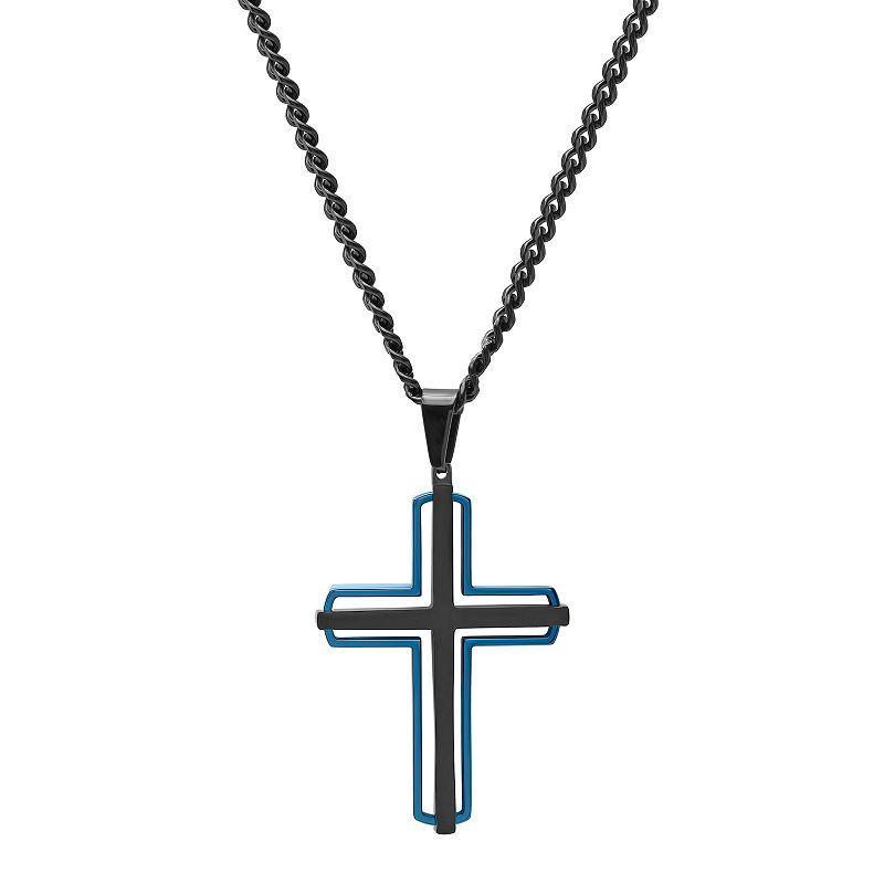 Steel Nation Mens Black & Blue Ion-Plated Stacked Cross Pendant Necklace Two Tone Product Image