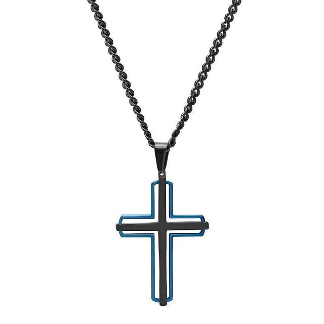 Steel Nation Mens Black & Blue Ion-Plated Stacked Cross Pendant Necklace Two Tone Product Image