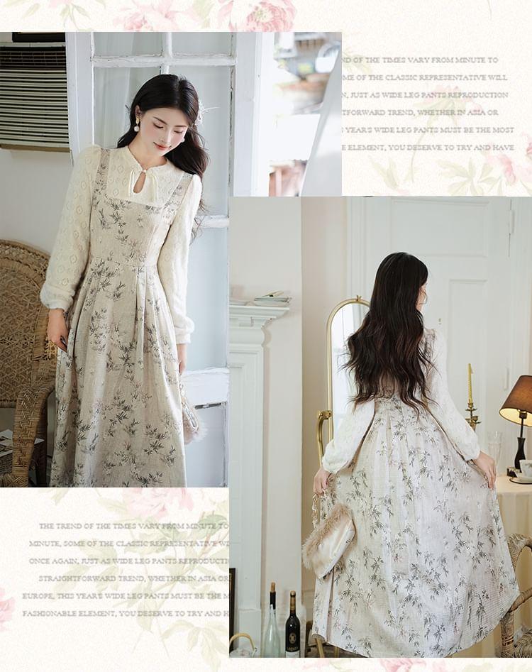 Long-Sleeve Stand Collar Floral Print Cutout Frog Buttoned Midi A-Line Dress Product Image