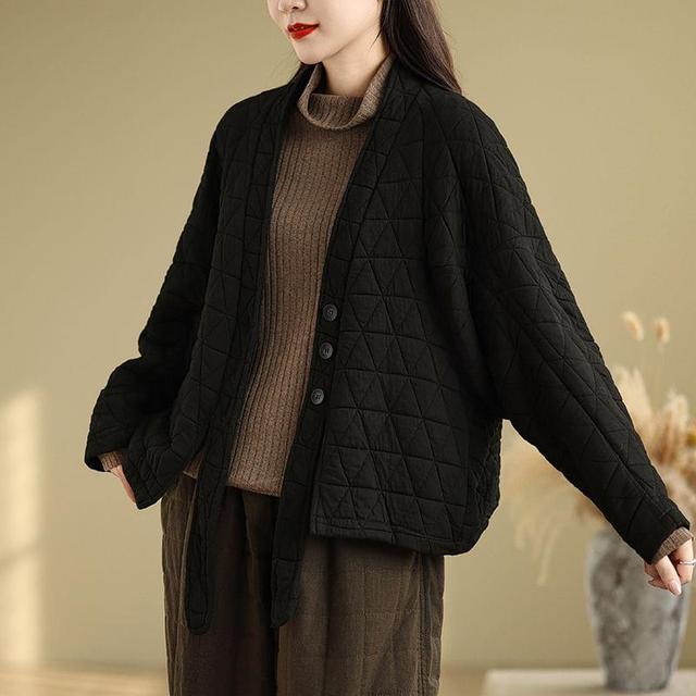 V-Neck Plain Quilted Kimono Jacket Product Image