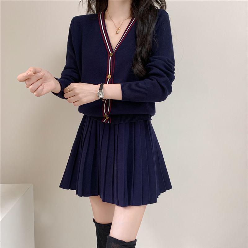 Set: V-Neck Contrast Trim Button-Up Cardigan + High Waist Plain Pleated Knit Mini A-Line Skirt Product Image