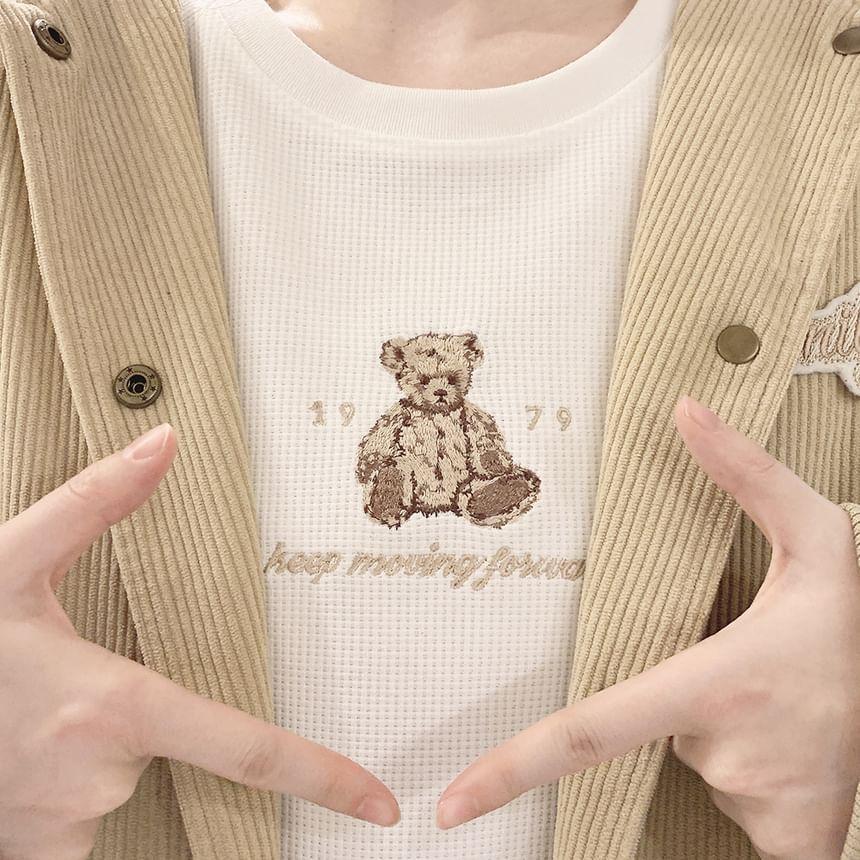 Long Sleeve Crew Neck Bear Embroidered Waffle Knit Top Product Image